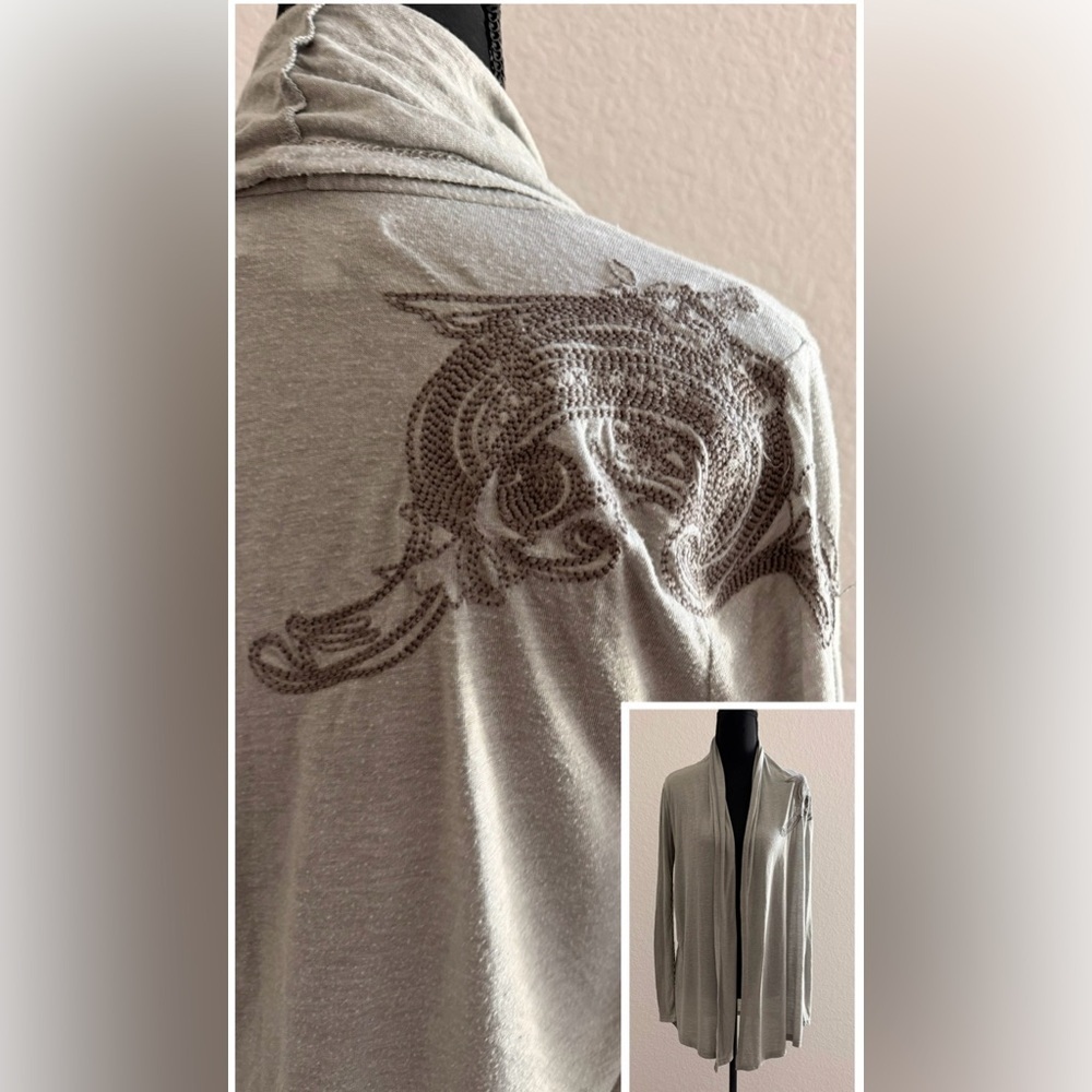 Papaya Gray Cotton Long Open Cardigan Paisley Embroidered Boho Chic